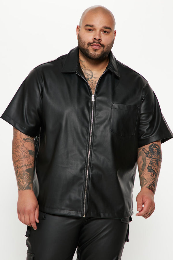 The Latest Faux Leather Short Sleeve Zip Up Shirt - Black
