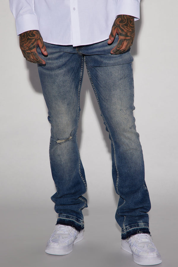 Can't Relate Distressed Stacked Skinny Flare Jeans - Medium Blue Wash